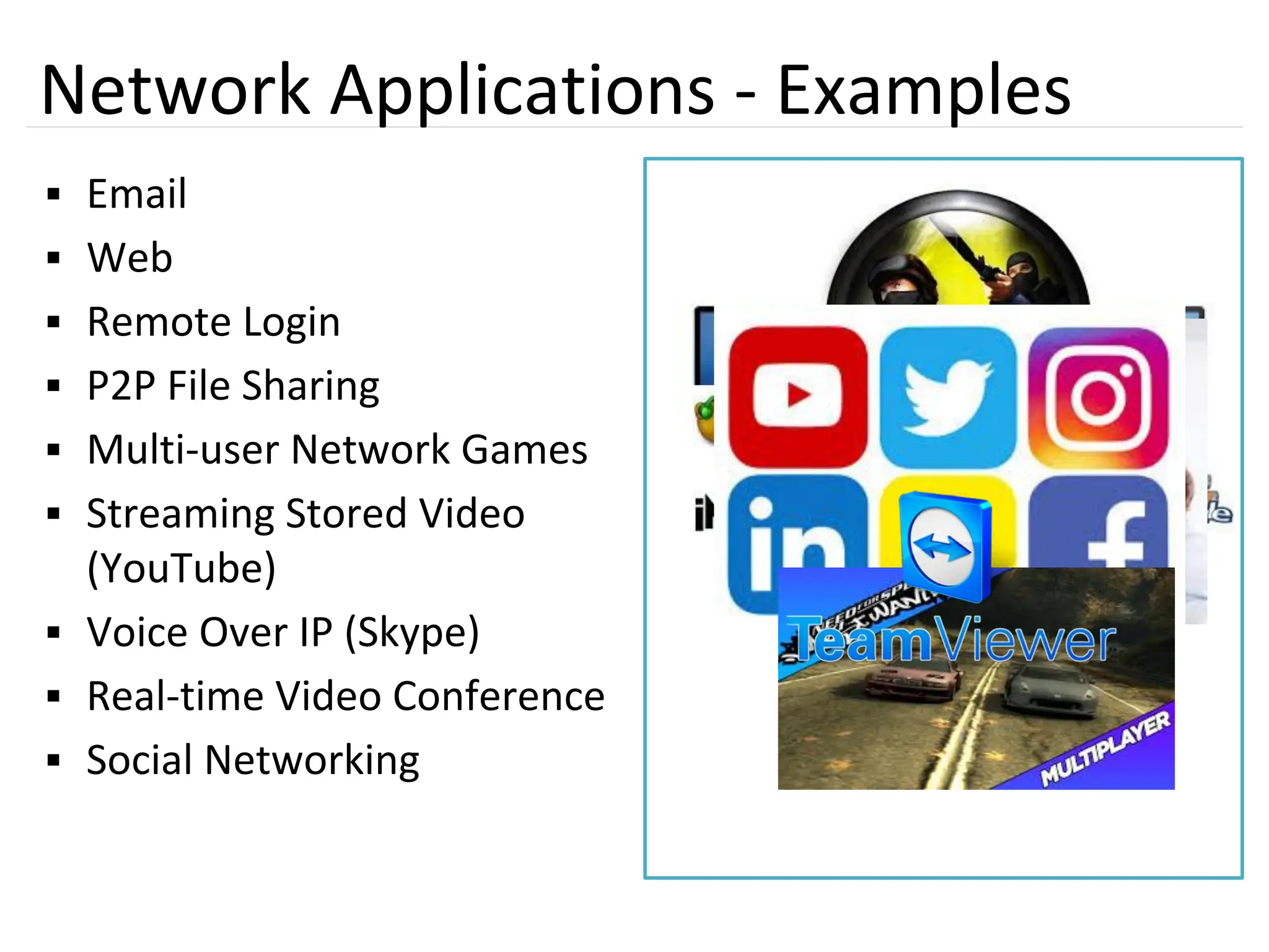 3
Network Applications - Examples
▪ Email
▪ Web
▪ Remote Login
▪ P2P File Sharing
▪ Multi-user Network Games
▪ Streaming Stored Video
(YouTube)
▪ Voice Over IP (Skype)
▪ Real-time Video Conference
▪ Social Networking
 