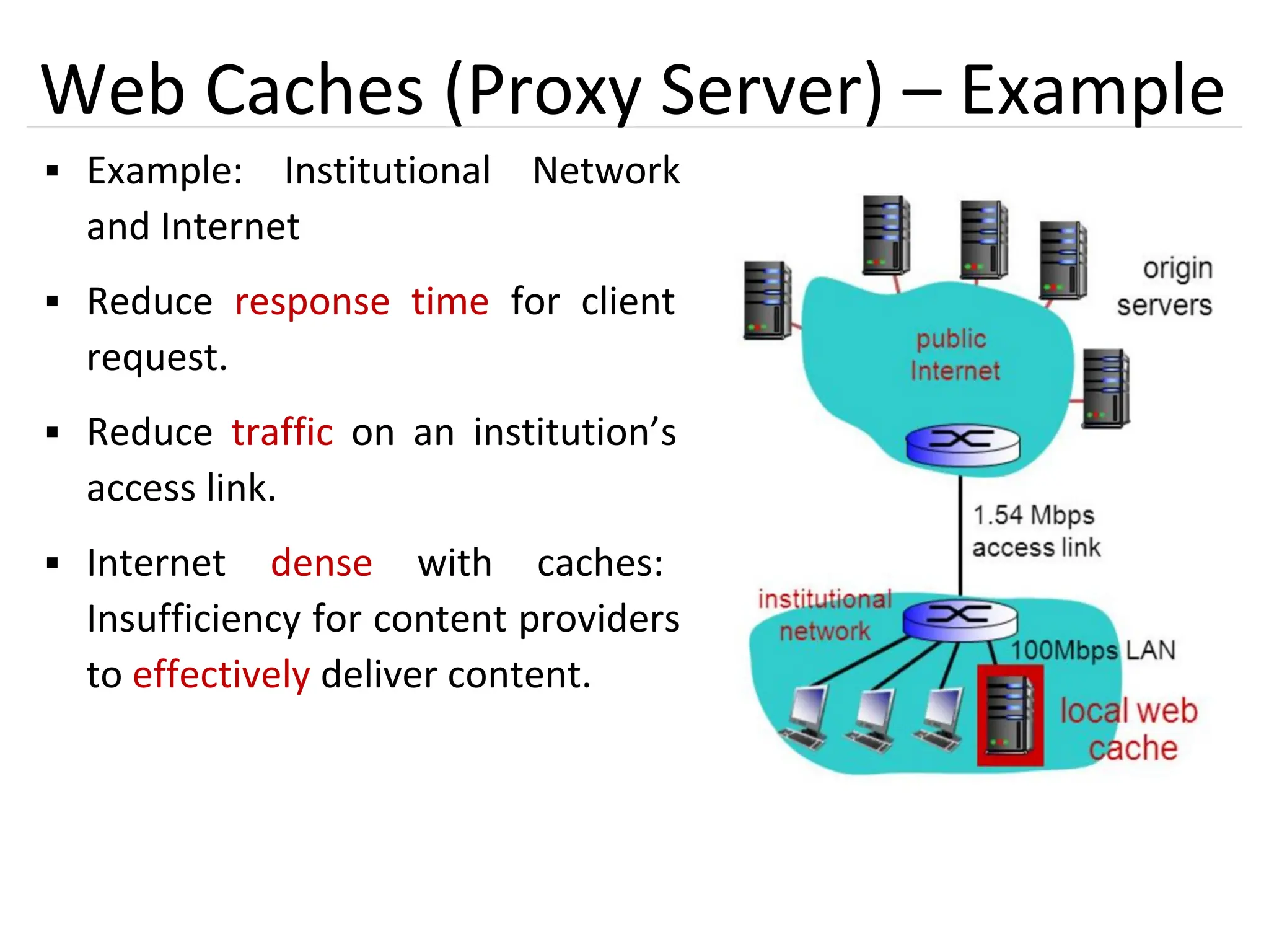 36
Web Caches (Proxy Server) – Example
▪ Example: Institutional Network
and Internet
▪ Reduce response time for client
request.
▪ Reduce traffic on an institution’s
access link.
▪ Internet dense with caches:
Insufficiency for content providers
to effectively deliver content.
 