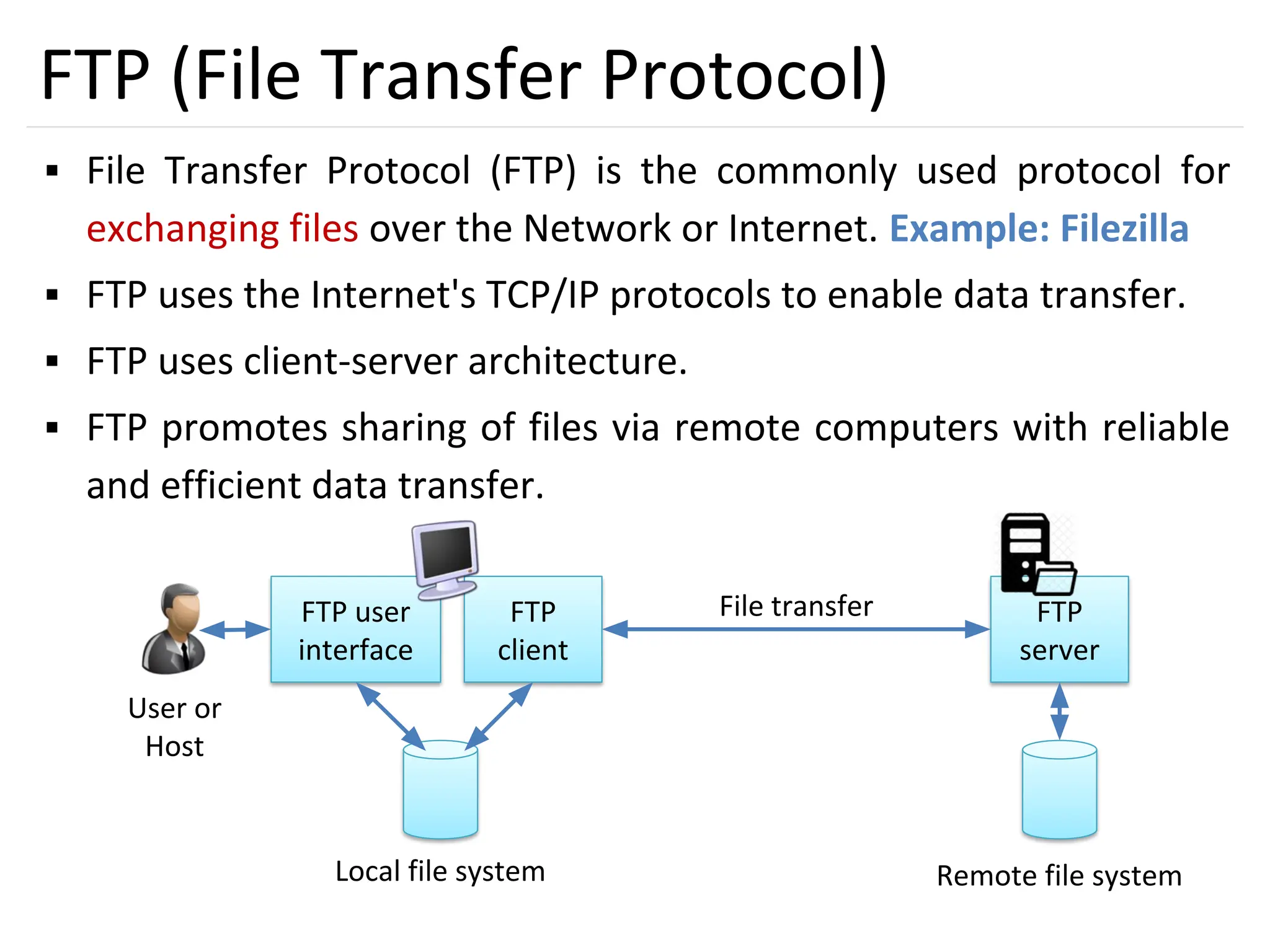 37
FTP (File Transfer Protocol)
▪ File Transfer Protocol (FTP) is the commonly used protocol for
exchanging files over the Network or Internet. Example: Filezilla
▪ FTP uses the Internet's TCP/IP protocols to enable data transfer.
▪ FTP uses client-server architecture.
▪ FTP promotes sharing of files via remote computers with reliable
and efficient data transfer.
FTP user
interface
FTP
client
FTP
server
Local file system
File transfer
Remote file system
User or
Host
 
