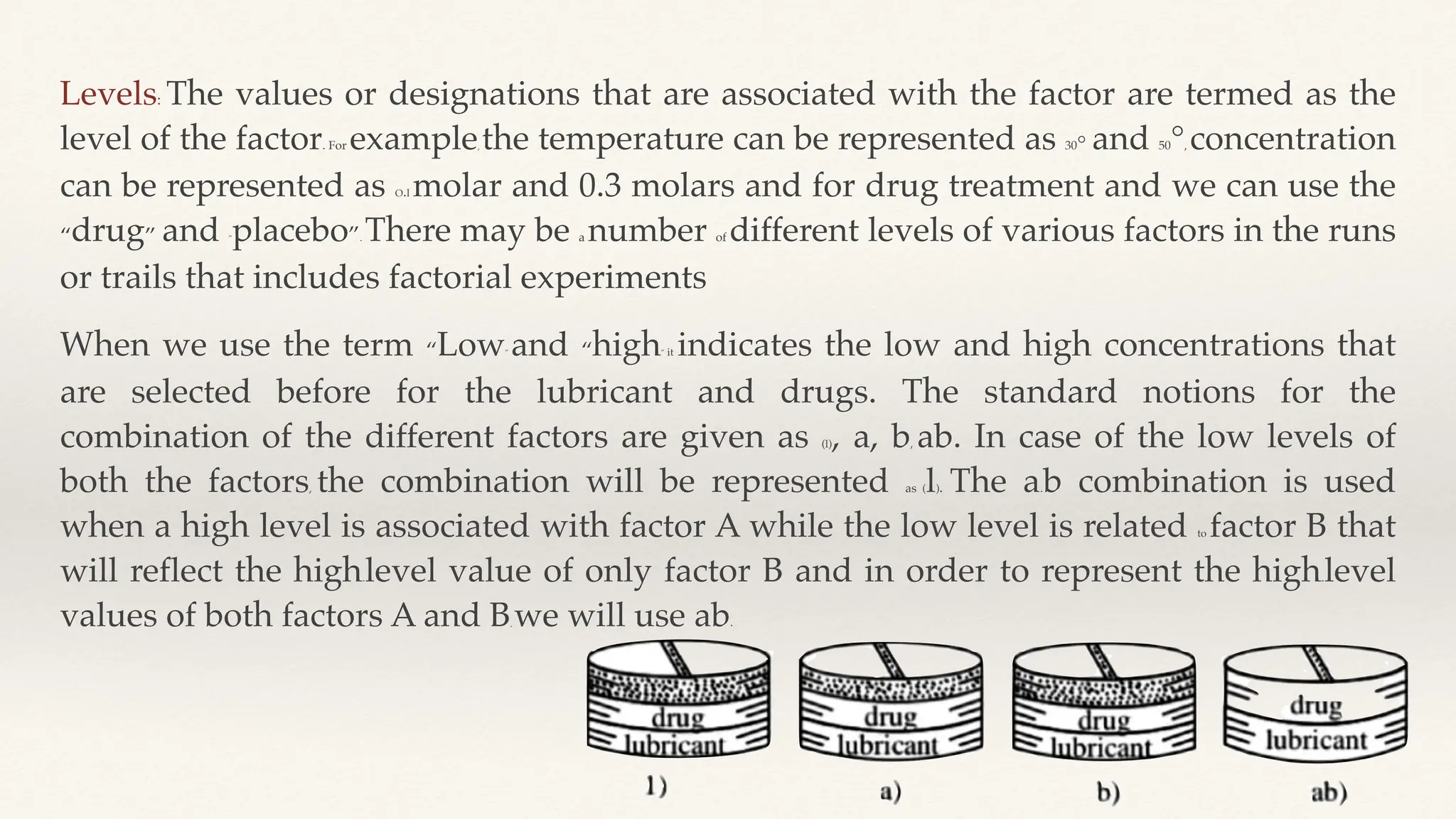 Levels: The values or designations that are associated with the factor are termed as the
level of the factor. For example, the temperature can be represented as 30° and 50°, concentration
can be represented as O.l molar and 0.3 molars and for drug treatment and we can use the
“drug” and “placebo”. There may be a number of different levels of various factors in the runs
or trails that includes factorial experiments
When we use the term “Low” and “high” it indicates the low and high concentrations that
are selected before for the lubricant and drugs. The standard notions for the
combination of the different factors are given as (l), a, b, ab. In case of the low levels of
both the factors, the combination will be represented as (l). The a.b combination is used
when a high level is associated with factor A while the low level is related to factor B that
will reflect the high-level value of only factor B and in order to represent the high-level
values of both factors A and B, we will use ab.
 