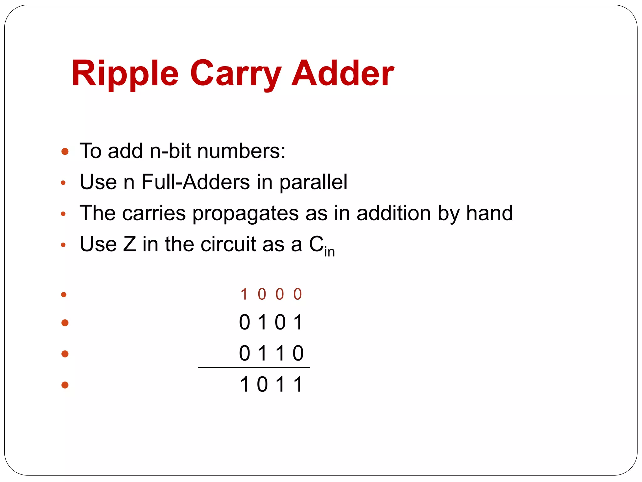 Ripple Carry Adder
 To add n-bit numbers:
• Use n Full-Adders in parallel
• The carries propagates as in addition by hand
• Use Z in the circuit as a Cin
 1 0 0 0
 0 1 0 1
 0 1 1 0
 1 0 1 1
 