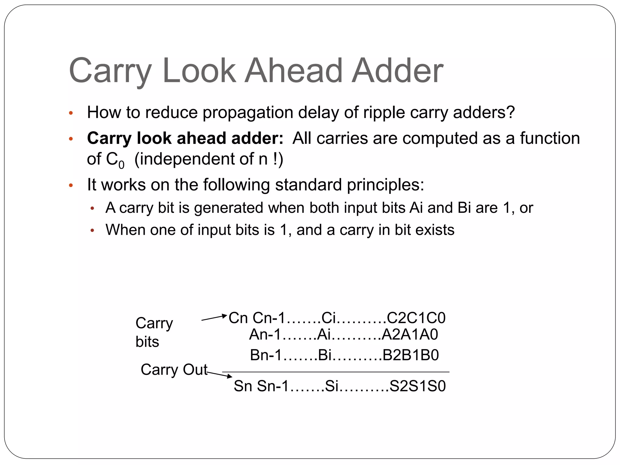 Carry Look Ahead Adder
• How to reduce propagation delay of ripple carry adders?
• Carry look ahead adder: All carries are computed as a function
of C0 (independent of n !)
• It works on the following standard principles:
• A carry bit is generated when both input bits Ai and Bi are 1, or
• When one of input bits is 1, and a carry in bit exists
Cn Cn-1…….Ci……….C2C1C0
An-1…….Ai……….A2A1A0
Bn-1…….Bi……….B2B1B0
Sn Sn-1…….Si……….S2S1S0
Carry Out
Carry
bits
 