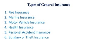 Types of General Insurance
1. Fire Insurance
2. Marine Insurance
3. Motor Vehicle Insurance
4. Health Insurance
5. Personal Accident Insurance
6. Burglary or Theft Insurance
 