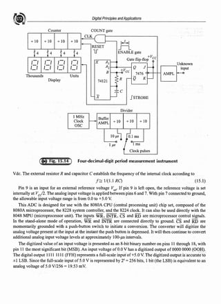 Counter
+ 10 + 10 + 10
4 4 4
,-, ,-, ,-,
,:::, ,:::, ,:::,
Thousands
Display
+ 10
4
,-,
,:::,
Units
1MHz
Clock
bSC
Digital Principles andApplications
COUNT gate
CLK
RESET
1f
X A1
~
_JI_
ENABLE gate
+V
Gate flip-flop cc
A21------1Q J
.----___,Unknown
input
B +Vee
7476 <D--+--+-1 Al'vfPL
74121
x
Buffer
AMPL + 10
1 µs
Q K
JSTROBE
Divider
+ 10 + 10
1ms
Clock pulses
Four-decimal-digit period measurement instrument
Vdc. The external resistor Rand capacitor C establish the frequency ofthe internal clock according to
f ~ 1/(1.1 RC) (15.1)
Pin 9 is an input for an external reference voltage V.,e, If pin 9 is left open, the reference voltage is set
internally at Vcc/2. The analog input voltage is applied between pins 6 and 7. With pin 7 connected to ground,
the allowable input voltage range is from 0.0 to +5.0 V.
This ADC is designed for use with the 8080A CPU (central processing unit) chip set, composed of the
8080.A microprocessor, the 8228 system controller, and the 8224 clock. It can also be used directly with the
8048 MPU (microprocessor unit). The inputs WR, INTR, CS and RD are microprocessor control signals.
In the stand-alone mode of operation, WR and INTR are connected directly to ground. CS and RD are
momentarily grounded with a push-button switch to initiate a conversion. The converter will digitize the
analog voltage present at the input at the instant the push button is depressed. It wiH then continue to convert
additional analog input voltage levels at approximately 100-µs intervals.
The digitized value ofan input voltage is presented as an 8-bit binary number on pins 11 through 18, with
pin 11 the most significant bit (MSB). An input voltage of 0.0 V has a digitized output of0000 0000 (OOH).
The digital output 1111 1111 (FFH) represents a full-scale input of+5.0 V. The digitized output is accurate to
±1 LSB. Since the full-scale input of 5.0 Vis represented by 28
= 256 bits, 1 bit (the LSB) is equivalent to an
analogvoltageof5.0V/256= 19.53 mV.
 