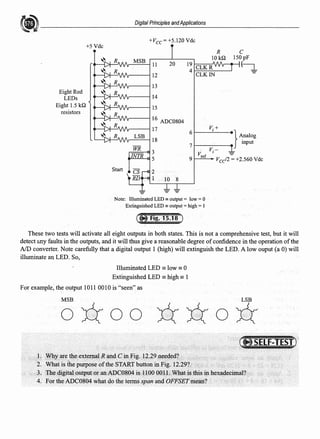 Eight Red
LEDs
Eight 1.5 kQ
resistors
+5Vdc
Digital Principles andApplications
+Vee= +5.120 Vdc
MSB ll
1,----112
l / l r - - - l l3
/~--14
1,----115
20
16
ADC0804
17
LSB
18
WR
3
R
lOkQ
19
. CLKR
4
CLKIN
6
V;+
7
V;-
-
C
150 pF
~
} A:nalog
mput
INTR 5 9
vref
Ved2 =+2.560 Vdc
Start
Note: Illuminated LED= output= low= 0
Extinguished LED = output = high = I
These two tests will activate all eight outputs in both states. This is not a comprehensive test, but it will
detect any faults in the outputs, and it will thus give a reasonable degree ofconfidence in the operation ofthe
AID converter. Note carefully that a digital output 1 (high) will extinguish the LED. A low ouput (a 0) will
illuminate an LED. So,
Illuminated LED =low =0
Extinguished LED =high =1
For example; the output 1011 0010 is "seen" as
MSB
oX{oo
~}'.areth.e.exterp.alR andCin1i'ig....1f.29 t1~~d?
What is the purpose oftheSTART button in Fig. 12.297
Th~digital.outputoran.AD00804·is;hlOO•QO.U;.Whatistbisinhexl}decimal?·.
4. For the ADC0804 what do the tenns $pan and OFFSETmean?
 