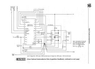 V, " (')
S CC
::1-! ~
g ;;i
0 g·
0
t
lOµF
10 Vdc
Vee
Analog Vee
23
z2 21
2° n, Do DLE
2'
20
22
23
ADC3511CC
(ADC37! ICC)
Vss 1----+--t---r--,
D,1-------1
Doi----~
'-------l Overflow
Conversion
'----------i complete
'------------1 Start
conversion
v,n
Sign
100k
 vfiltcr
0.47 µF
Note 3
VinH
Vin(+)
VF/I
0.47 µF
Note 3
100k
DLEt-------'
fout
hn
Vn:r
7.5 k
SW1
SW I h ~~
Analo; I irio
ground
Signal ______________________J
GND
2 V reference
I -----------
!
I
I
I
I
I
I
'I
I
: 232±1%
I
I
I
I
t
I
I
20
:rooo±Jo/o
I
I
I
'------
---------,t
t
I
t
t
t
t
t
t
I
I
t
I
t
!Ok:
I
I
t
t
I
t
I
I
____,
22M
--ciiis;;-:
adjust :
t
I
IOOk :
I
I
I
I
50 k I
I
I
I
I
-------
5V
Note I: All resistors 1/4 watt, and
±5%, unless otherwise specified
Note 2: All capacitors±I0%
Note 3: Low leakage capacitor
Note 4· R = RiRz .._, !'I.
. l R1 + R2 --
~---------------~--GND
(a) 3 1/2-digit AID; +1999 counts, +2.000 volts full scale (3 3/4 digit AID; +3999 counts, +2.000 volts full scale)
(From National Semiconductor Data Acquisition Handbook; continued on next page)
c:,
(Q.
et
~
:::,·
0
i:j·
m
1
:g
fil
g:
i;l
 