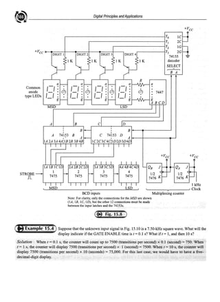 ~ ______________
D_ig_it_al_P_n_·n_cip_l_es_a_n_d_A_pp_l1_·ca_t_io_ns
_____________
Common
anode
type LEDs
STROBE
Jl
+Vee
Yo IC
Y1 2C
Y2 lG
Y3 2G
74155 -
decoder
SELECT
,---A-...,
BA
R
a a a a a
,-,: ,-,: ,-,: ,-1 : .
- . (?) - . (?) - . (?) - . (?) 7447
I I : /_/ . /_/ I I :
- g g g - g
MSD LSD
A B C D
I
I B : Bi---e------~
I I
A 741~3 B
I A
C 74153 D
I Ai---1--------~
IA 2A 3A 4A:IB 2B 3B 4B IC2C3C4C,ID2D3D4D
IA IB !Cl
1
7475
MSD
2
7475
3A3B3C3D 4A4B4C4
3 4
7475 7475
LSD
BCD inputs
QB J
1/2
7476 K
QA J
1/2
7476 K
1 kHz
~----,,..-----' Clock
Multiplexing counter
Note: For clarity, only the connections for the MSD are shown
(IA, lB, lC, ID), but the other 12 connections must be made
between the input latches and the 74153s.
Suppose that the unknown input signal in Fig. 15.10 is a 7.50-kHz square wave. What will the
display indicate if the GATE ENABLE time is t = 0.1 s? What if t = 1, and then 10 s?
Solution When t =0.1 s,·the counterwill countup to 7500 (transitions per seco~d)xp.1{second)'~ 750.>Whell
t = the counterwill.display 7500 (transitions per second) x ·.··1(second) e= 7500. When t= IO s,the counterwill
display 7500 (transitions per second).x l 0. (seconds) = 75,000. For this last case; we would have to have<a five--
decimal~digit display.
 