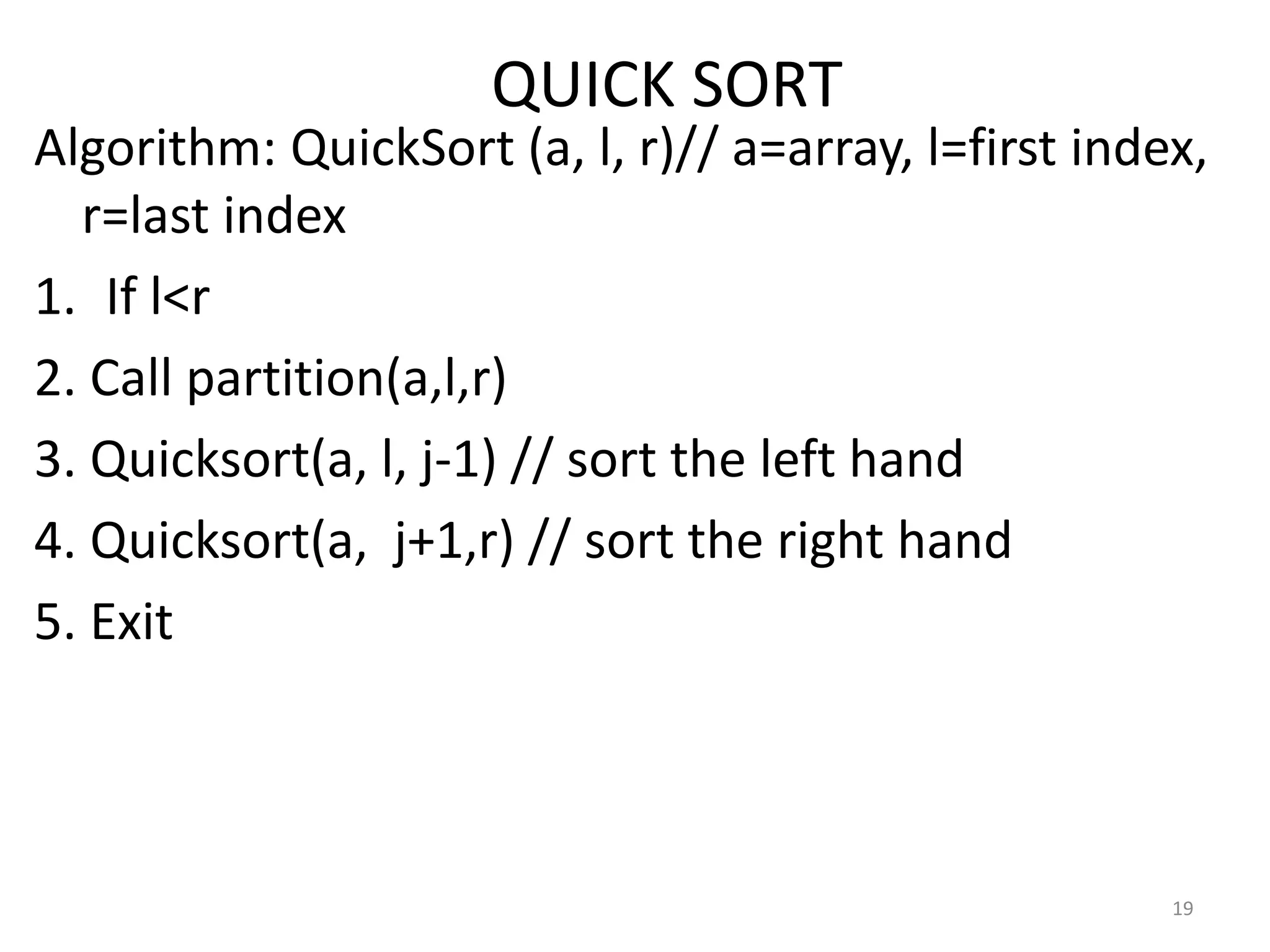 QUICK SORT Algorithm: QuickSort (a, l, r)// a=array, l=first index, r=last index 1. If l<r 2. Call partition(a,l,r) 3. Quicksort(a, l, j-1) // sort the left hand 4. Quicksort(a, j+1,r) // sort the right hand 5. Exit 19 