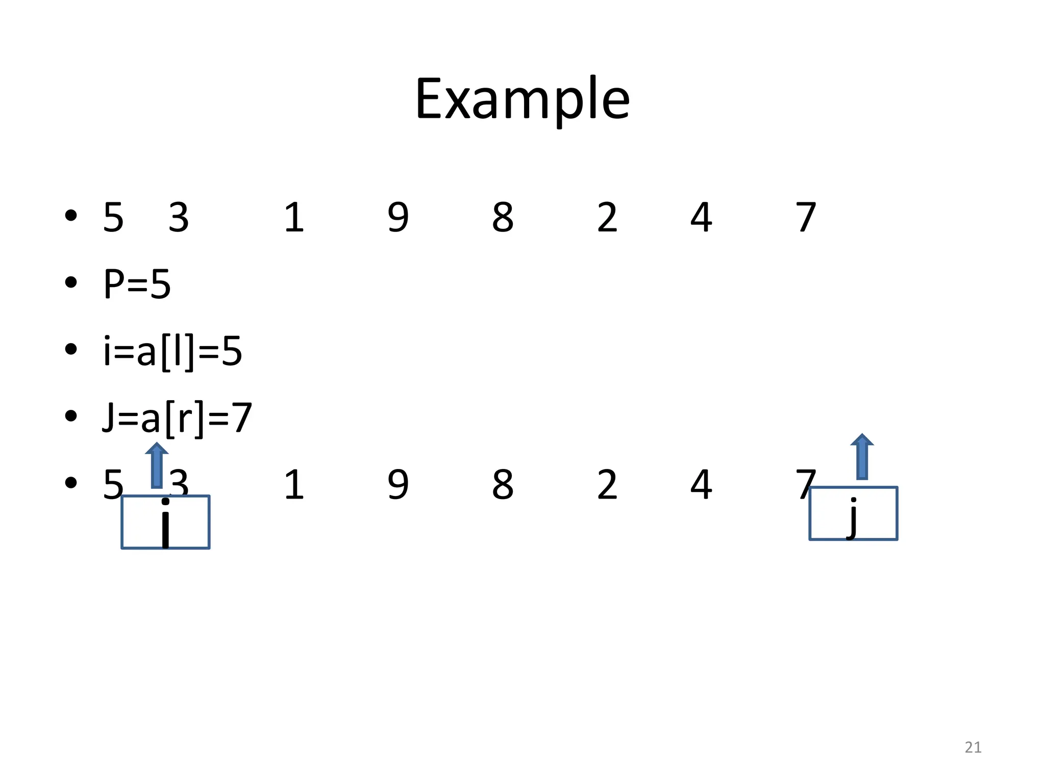 Example • 5 3 1 9 8 2 4 7 • P=5 • i=a[l]=5 • J=a[r]=7 • 5 3 1 9 8 2 4 7 21 i j 