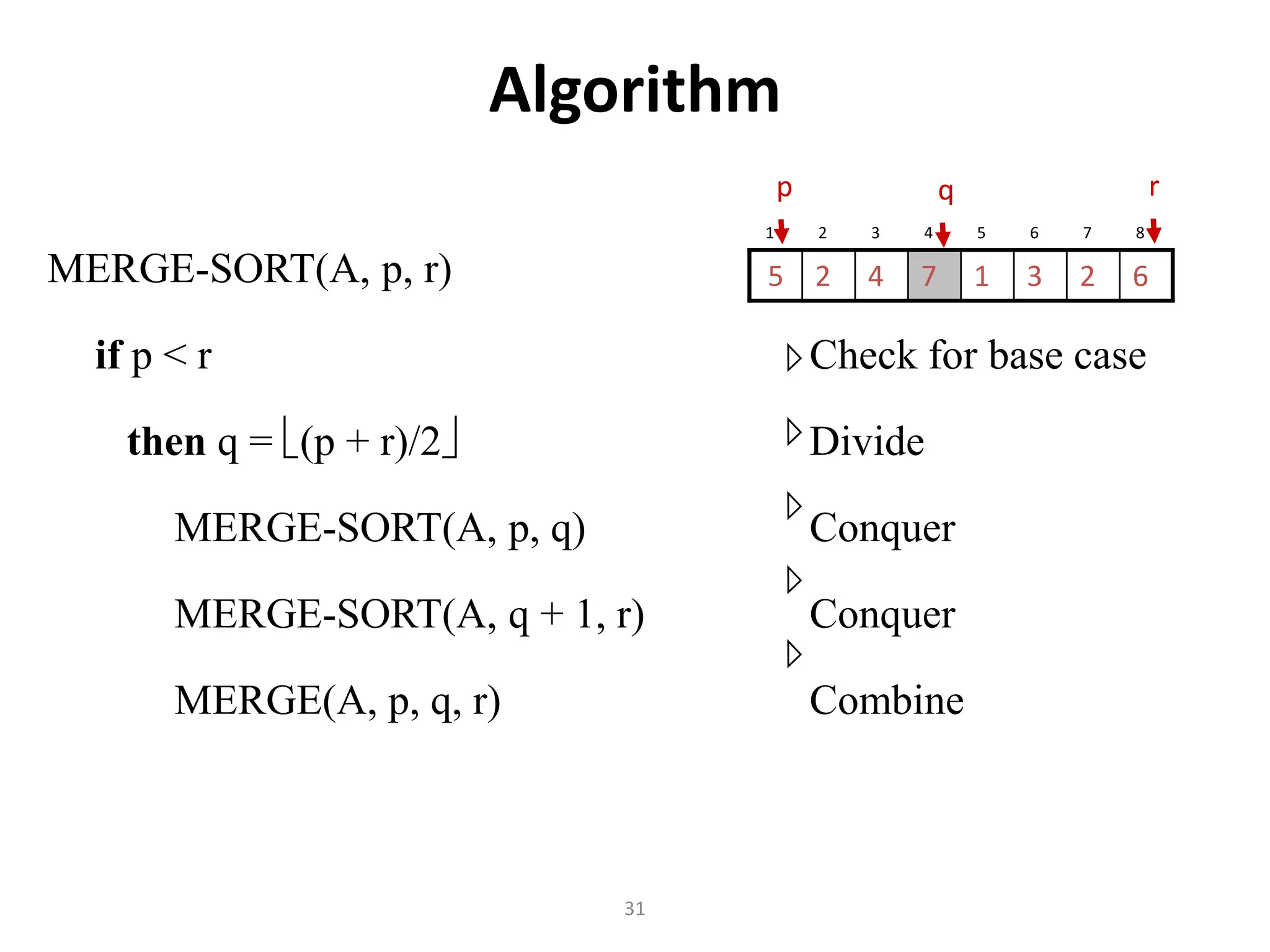 31 Algorithm MERGE-SORT(A, p, r) if p < r Check for base case then q = (p + r)/2 Divide MERGE-SORT(A, p, q) Conquer MERGE-SORT(A, q + 1, r) Conquer MERGE(A, p, q, r) Combine 1 2 3 4 5 6 7 8 6 2 3 1 7 4 2 5 p r q 