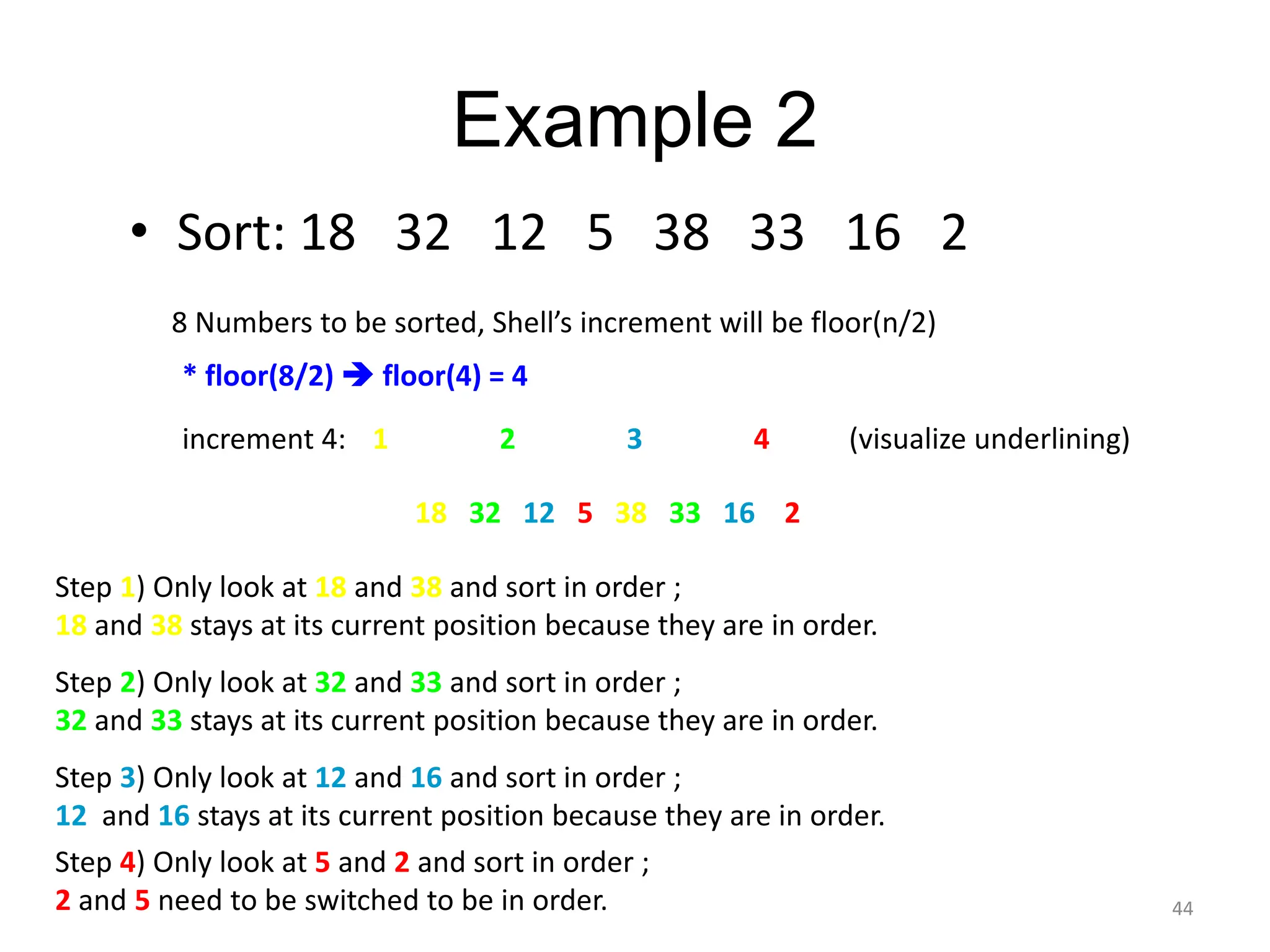 Example 2 • Sort: 18 32 12 5 38 33 16 2 8 Numbers to be sorted, Shell’s increment will be floor(n/2) * floor(8/2)  floor(4) = 4 increment 4: 1 2 3 4 18 32 12 5 38 33 16 2 (visualize underlining) Step 1) Only look at 18 and 38 and sort in order ; 18 and 38 stays at its current position because they are in order. Step 2) Only look at 32 and 33 and sort in order ; 32 and 33 stays at its current position because they are in order. Step 3) Only look at 12 and 16 and sort in order ; 12 and 16 stays at its current position because they are in order. Step 4) Only look at 5 and 2 and sort in order ; 2 and 5 need to be switched to be in order. 44 