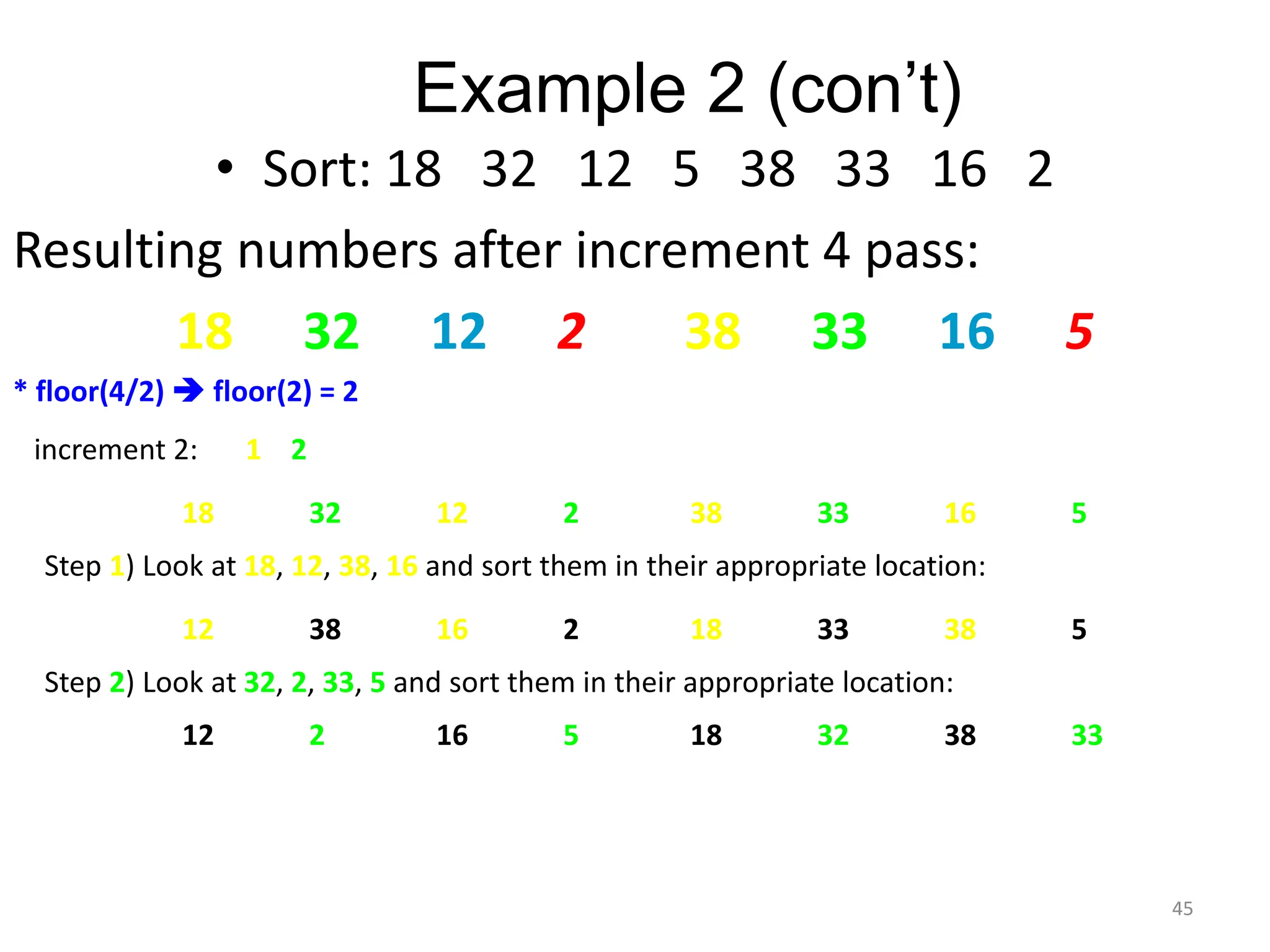 Example 2 (con’t) • Sort: 18 32 12 5 38 33 16 2 Resulting numbers after increment 4 pass: 18 32 12 2 38 33 16 5 * floor(4/2)  floor(2) = 2 increment 2: 1 2 18 32 12 2 38 33 16 5 Step 1) Look at 18, 12, 38, 16 and sort them in their appropriate location: 12 38 16 2 18 33 38 5 Step 2) Look at 32, 2, 33, 5 and sort them in their appropriate location: 12 2 16 5 18 32 38 33 45 