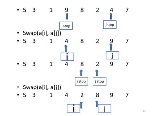 • 5 3 1 9 8 2 4 7
• Swap(a[i], a[j])
• 5 3 1 4 8 2 9 7
• 5 3 1 4 8 2 9 7
• Swap(a[i], a[j])
• 5 3 1 4 2 8 9 7
22
i stop j stop
i j
i stop j stop
j
i
 