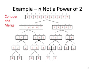 30
Example – n Not a Power of 2
7
7
6
6
5
4
4
3
2
2
1
1 2 3 4 5 6 7 8 9 10 11
7
6
4
4
2
1
1 2 3 4 5 6
7
6
5
3
2
7 8 9 10 11
7
4
2
1 2 3
6
4
1
4 5 6
7
5
3
7 8 9
6
2
10 11
2
3
4
6
5
9
2
10
6
11
4
1
7
2
6
4
1
5
7
7
3
8
7
4
1 2
6
1
4 5
7
3
7 8
Conquer
and
Merge
 