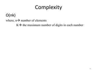 Complexity
O(nk)
where, n number of elements
K the maximum number of digits in each number
41
 
