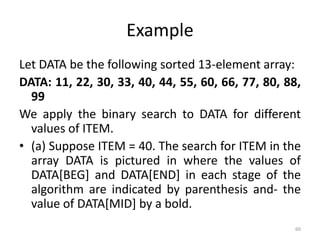 Example
Let DATA be the following sorted 13-element array:
DATA: 11, 22, 30, 33, 40, 44, 55, 60, 66, 77, 80, 88,
99
We apply the binary search to DATA for different
values of ITEM.
• (a) Suppose ITEM = 40. The search for ITEM in the
array DATA is pictured in where the values of
DATA[BEG] and DATA[END] in each stage of the
algorithm are indicated by parenthesis and- the
value of DATA[MID] by a bold.
60
 