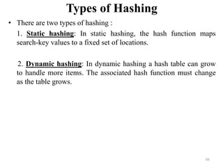 Types of Hashing
• There are two types of hashing :
1. Static hashing: In static hashing, the hash function maps
search-key values to a fixed set of locations.
2. Dynamic hashing: In dynamic hashing a hash table can grow
to handle more items. The associated hash function must change
as the table grows.
66
 