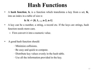 Hash Functions
• A hash function, h, is a function which transforms a key from a set, K,
into an index in a table of size n:
h: K -> {0, 1, ..., n-2, n-1}
• A key can be a number, a string, a record etc. If the keys are strings, hash
function needs more care.
– First convert it into a numeric value.
• A good hash function should:
· Minimize collisions.
· Be easy and quick to compute.
· Distribute key values evenly in the hash table.
· Use all the information provided in the key.
67
 