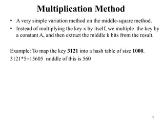Multiplication Method
• A very simple variation method on the middle-square method.
• Instead of multiplying the key x by itself, we multiple the key by
a constant A, and then extract the middle k bits from the result.
Example: To map the key 3121 into a hash table of size 1000.
3121*5=15605 middle of this is 560
72
 