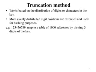 Truncation method
• Works based on the distribution of digits or characters in the
key.
• More evenly distributed digit positions are extracted and used
for hashing purposes.
e.g. 123456789 map to a table of 1000 addresses by picking 3
digits of the key.
73
 