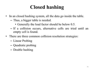 79
Closed hashing
• In an closed hashing system, all the data go inside the table.
– Thus, a bigger table is needed.
• Generally the load factor should be below 0.5.
– If a collision occurs, alternative cells are tried until an
empty cell is found.
• There are three common collision resolution strategies:
– Linear Probing
– Quadratic probing
– Double hashing
 