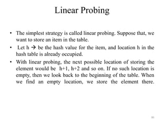 Linear Probing
• The simplest strategy is called linear probing. Suppose that, we
want to store an item in the table.
• Let h  be the hash value for the item, and location h in the
hash table is already occupied.
• With linear probing, the next possible location of storing the
element would be h+1, h+2 and so on. If no such location is
empty, then we look back to the beginning of the table. When
we find an empty location, we store the element there.
80
 