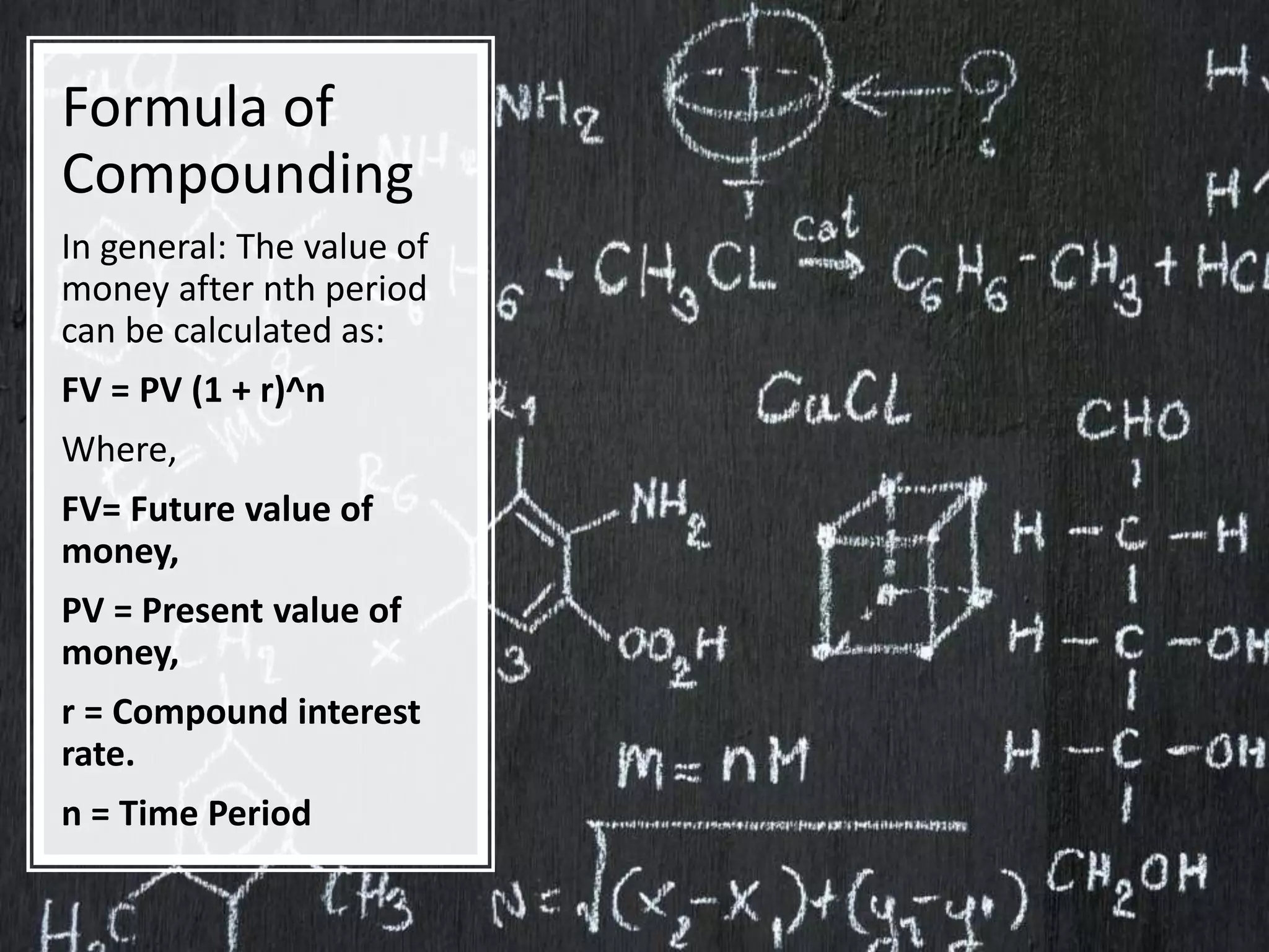 Formula of
Compounding
In general: The value of
money after nth period
can be calculated as:
FV = PV (1 + r)^n
Where,
FV= Future value of
money,
PV = Present value of
money,
r = Compound interest
rate.
n = Time Period
 