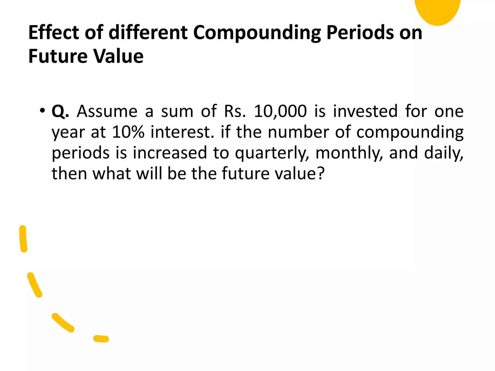 Effect of different Compounding Periods on
Future Value
• Q. Assume a sum of Rs. 10,000 is invested for one
year at 10% interest. if the number of compounding
periods is increased to quarterly, monthly, and daily,
then what will be the future value?
 
