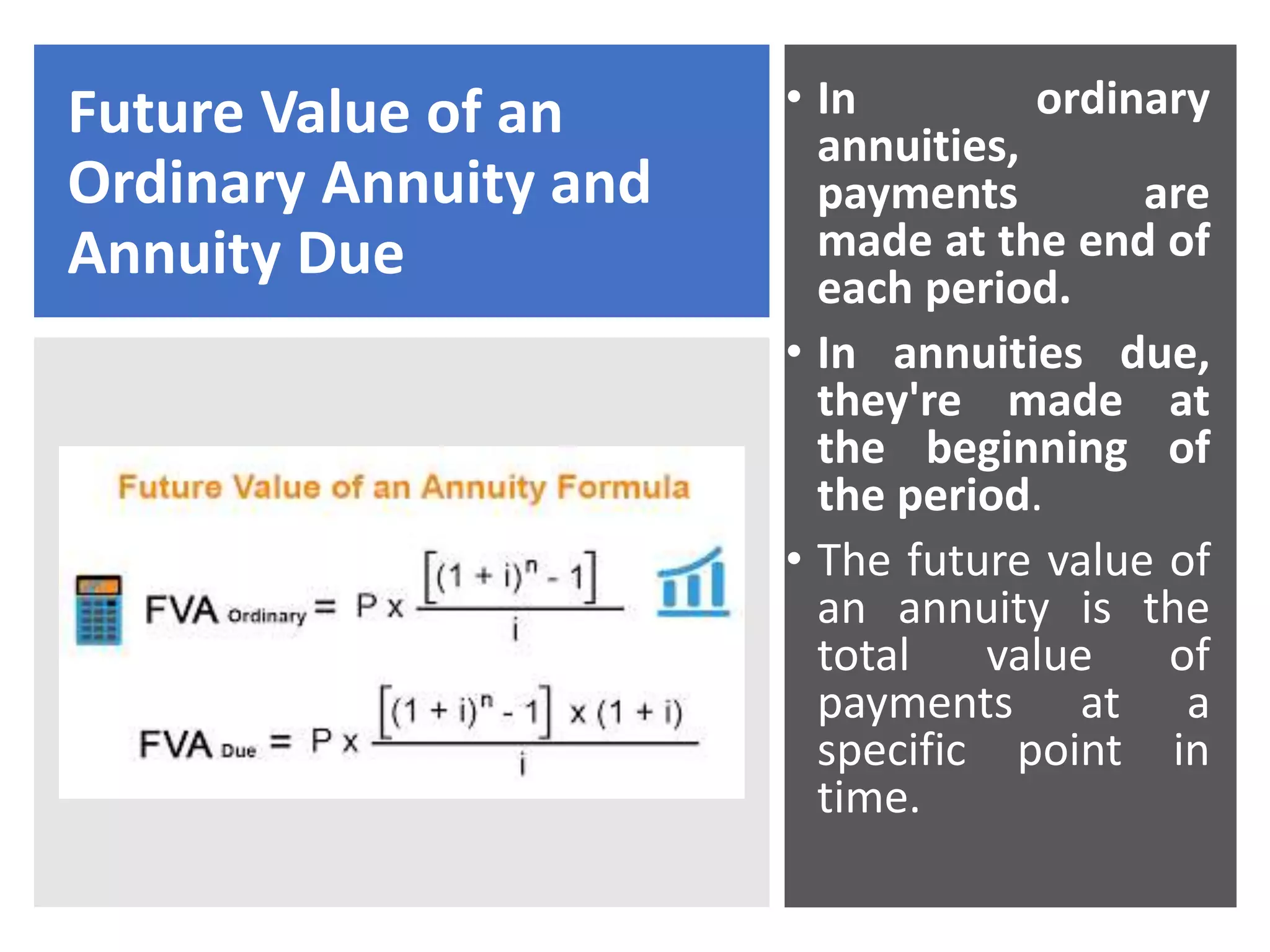 Future Value of an
Ordinary Annuity and
Annuity Due
• In ordinary
annuities,
payments are
made at the end of
each period.
• In annuities due,
they're made at
the beginning of
the period.
• The future value of
an annuity is the
total value of
payments at a
specific point in
time.
 