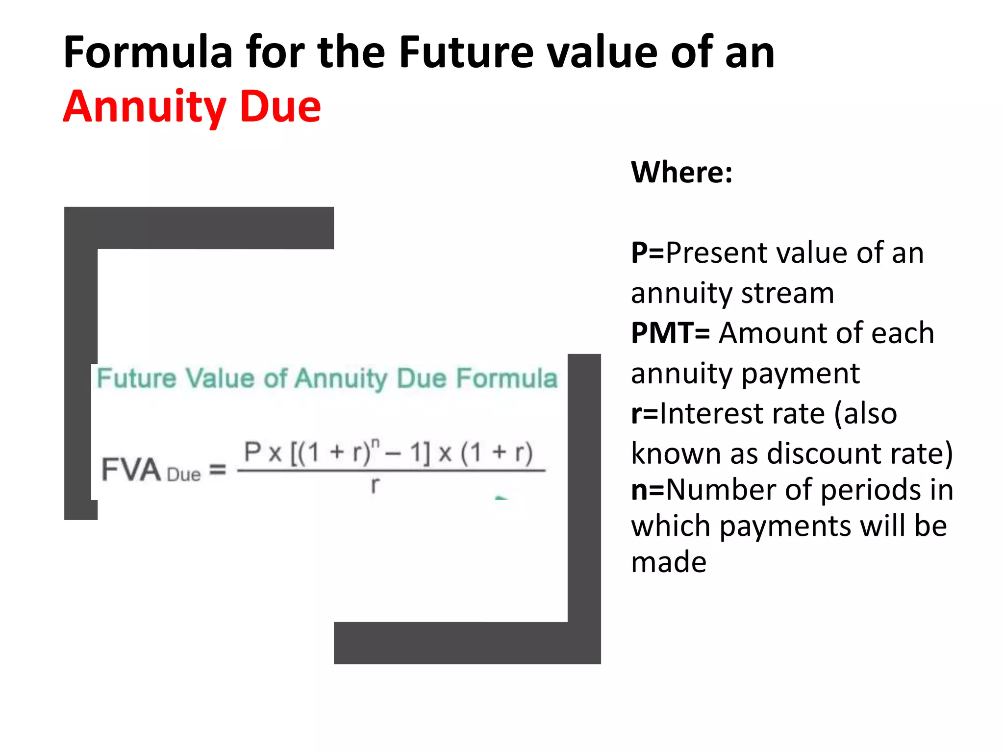 Formula for the Future value of an
Annuity Due
Where:
P=Present value of an
annuity stream
PMT= Amount of each
annuity payment
r=Interest rate (also
known as discount rate)
n=Number of periods in
which payments will be
made
 