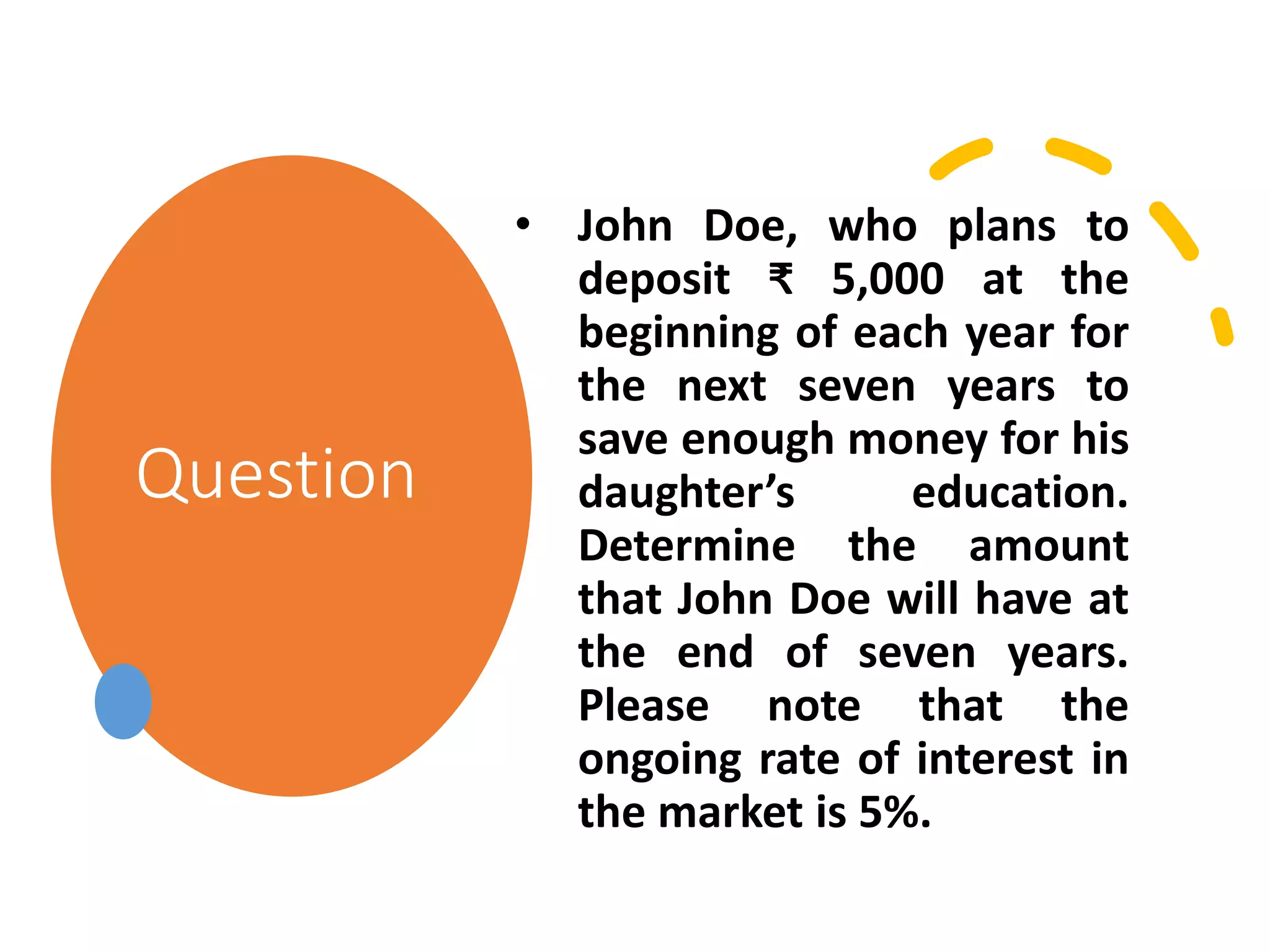 Question
• John Doe, who plans to
deposit ₹ 5,000 at the
beginning of each year for
the next seven years to
save enough money for his
daughter’s education.
Determine the amount
that John Doe will have at
the end of seven years.
Please note that the
ongoing rate of interest in
the market is 5%.
 