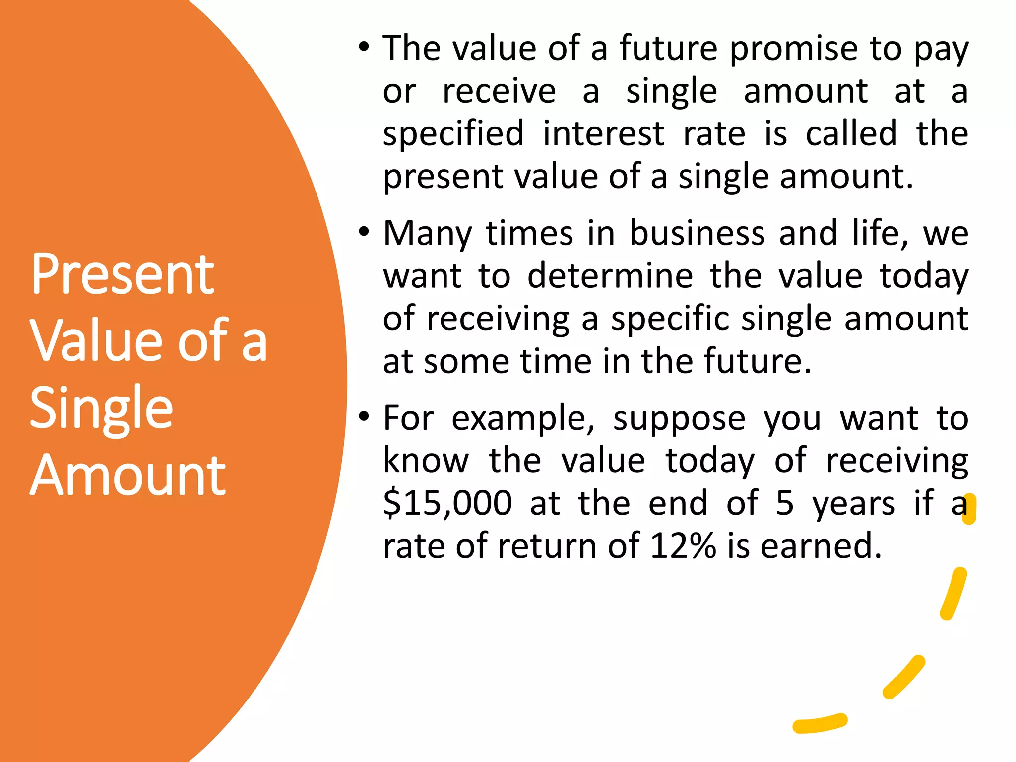 Present
Value of a
Single
Amount
• The value of a future promise to pay
or receive a single amount at a
specified interest rate is called the
present value of a single amount.
• Many times in business and life, we
want to determine the value today
of receiving a specific single amount
at some time in the future.
• For example, suppose you want to
know the value today of receiving
$15,000 at the end of 5 years if a
rate of return of 12% is earned.
 