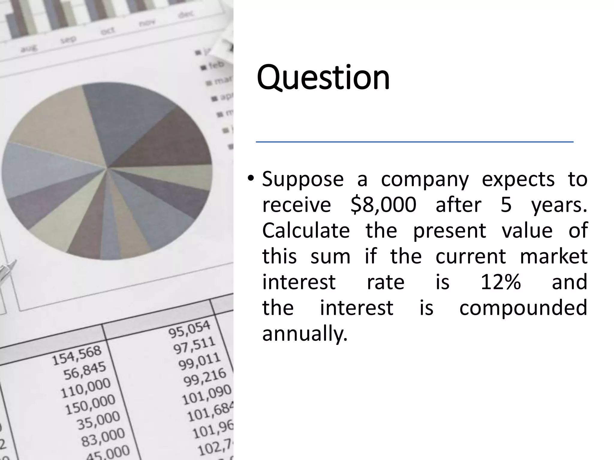 Question
• Suppose a company expects to
receive $8,000 after 5 years.
Calculate the present value of
this sum if the current market
interest rate is 12% and
the interest is compounded
annually.
 