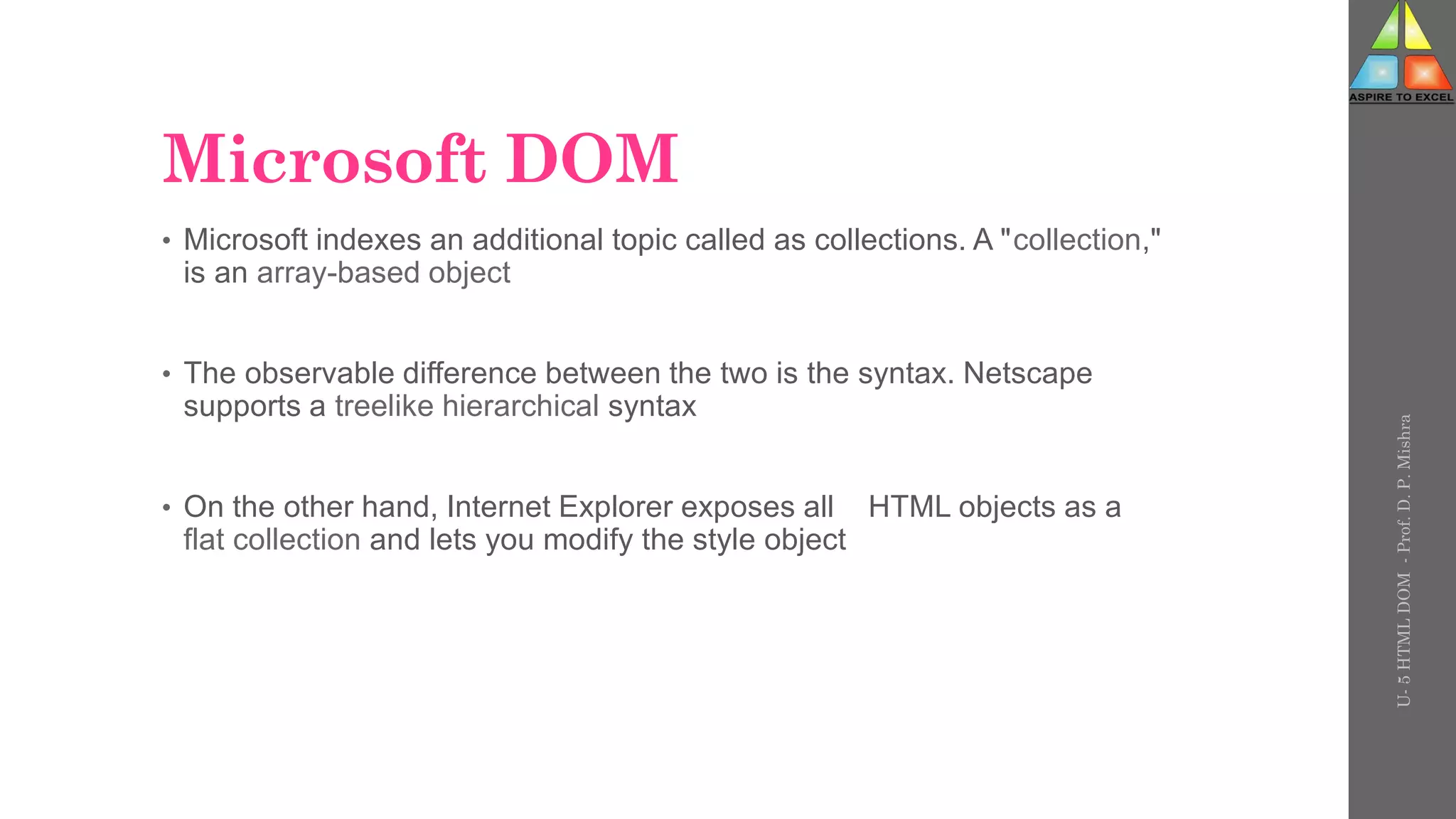 Microsoft DOM
• Microsoft indexes an additional topic called as collections. A "collection,"
is an array-based object
• The observable difference between the two is the syntax. Netscape
supports a treelike hierarchical syntax
• On the other hand, Internet Explorer exposes all HTML objects as a
flat collection and lets you modify the style object
U-
5
HTML
DOM
-
Prof.
D.
P.
Mishra
 