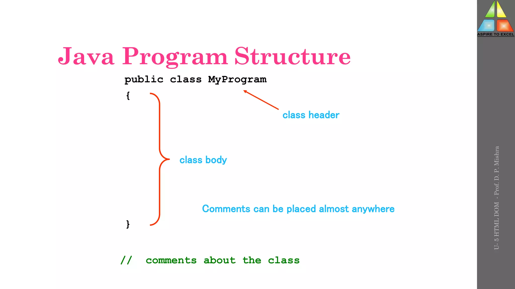 Java Program Structure
public class MyProgram
{
}
// comments about the class
class header
class body
Comments can be placed almost anywhere
U-
5
HTML
DOM
-
Prof.
D.
P.
Mishra
 