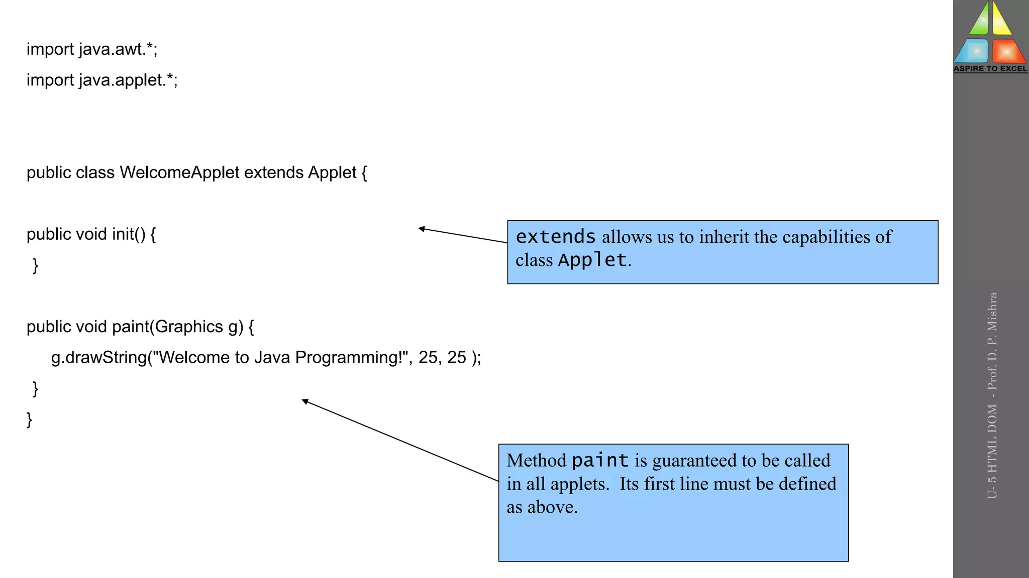 import java.awt.*;
import java.applet.*;
public class WelcomeApplet extends Applet {
public void init() {
}
public void paint(Graphics g) {
g.drawString("Welcome to Java Programming!", 25, 25 );
}
}
extends allows us to inherit the capabilities of
class Applet.
Method paint is guaranteed to be called
in all applets. Its first line must be defined
as above.
U-
5
HTML
DOM
-
Prof.
D.
P.
Mishra
 