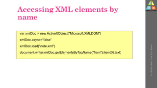 Accessing XML elements by
name
var xmlDoc = new ActiveXObject("Microsoft.XMLDOM")
xmlDoc.async="false“
xmlDoc.load("note.xml")
document.write(xmlDoc.getElementsByTagName("from").item(0).text)
U-
5
HTML
DOM
-
Prof.
D.
P.
Mishra
 