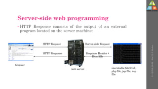 Server-side web programming
• HTTP Response consists of the output of an external
program located on the server machine:
browser
web server
HTTP Request
HTTP Response
executable file/CGI,
php file, jsp file, asp
file
Server-side Request
Response Header +
Html file
U-
5
HTML
DOM
-
Prof.
D.
P.
Mishra
 