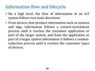 Information flow and lifecycle
 On a high level, the flow of information in an IoT
system follows two main directions.
 From devices that produce information such as sensors
and tags, information follows a context-enrichment
process until it reaches the consumer application or
part of the larger system, and from the application or
part of a larger system information it follows a context-
reduction process until it reaches the consumer types
of devices.
19
 
