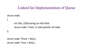 Linked list Implementation of Queue
struct node
{
int info; //Declaring an info field
struct node *next; // next pointer of node
};
struct node *front = NULL;
struct node *rear = NULL;
 