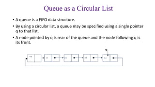 Queue as a Circular List
• A queue is a FIFO data structure.
• By using a circular list, a queue may be specified using a single pointer
q to that list.
• A node pointed by q is rear of the queue and the node following q is
its front.
q
 