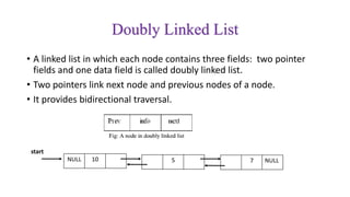 Doubly Linked List
• A linked list in which each node contains three fields: two pointer
fields and one data field is called doubly linked list.
• Two pointers link next node and previous nodes of a node.
• It provides bidirectional traversal.
NULL 10 5 7 NULL
start
 