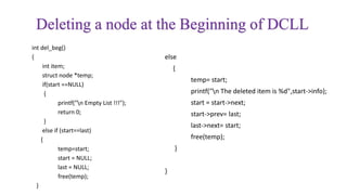 Deleting a node at the Beginning of DCLL
int del_beg()
{
int item;
struct node *temp;
if(start ==NULL)
{
printf("n Empty List !!!");
return 0;
}
else if (start==last)
{
temp=start;
start = NULL;
last = NULL;
free(temp);
}
else
{
temp= start;
printf("n The deleted item is %d",start->info);
start = start->next;
start->prev= last;
last->next= start;
free(temp);
}
}
 