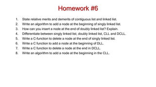 Homework #6
1. State relative merits and demerits of contiguous list and linked list.
2. Write an algorithm to add a node at the beginning of singly linked list.
3. How can you insert a node at the end of doubly linked list? Explain.
4. Differentiate between singly linked list, doubly linked list, CLL and DCLL.
5. Write a C-function to delete a node at the end of singly linked list.
6. Write a C function to add a node at the beginning of DLL.
7. Write a C function to delete a node at the end in DCLL.
8. Write an algorithm to add a node at the beginning in the CLL.
 