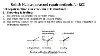 5.3 Repair methods for cracks in RCC structures :
2. Grooving & Sealing:
i. This method is useful for the dormant cracks.
ii. The cracks may be of fine pattern or isolated cracks.
iii. The method should not be applied for the active cracks or cracks subjected to
hydrostatic pressure.
Unit 5: Maintenance and repair methods for RCC
Prepared by- Abhay Abhale
 