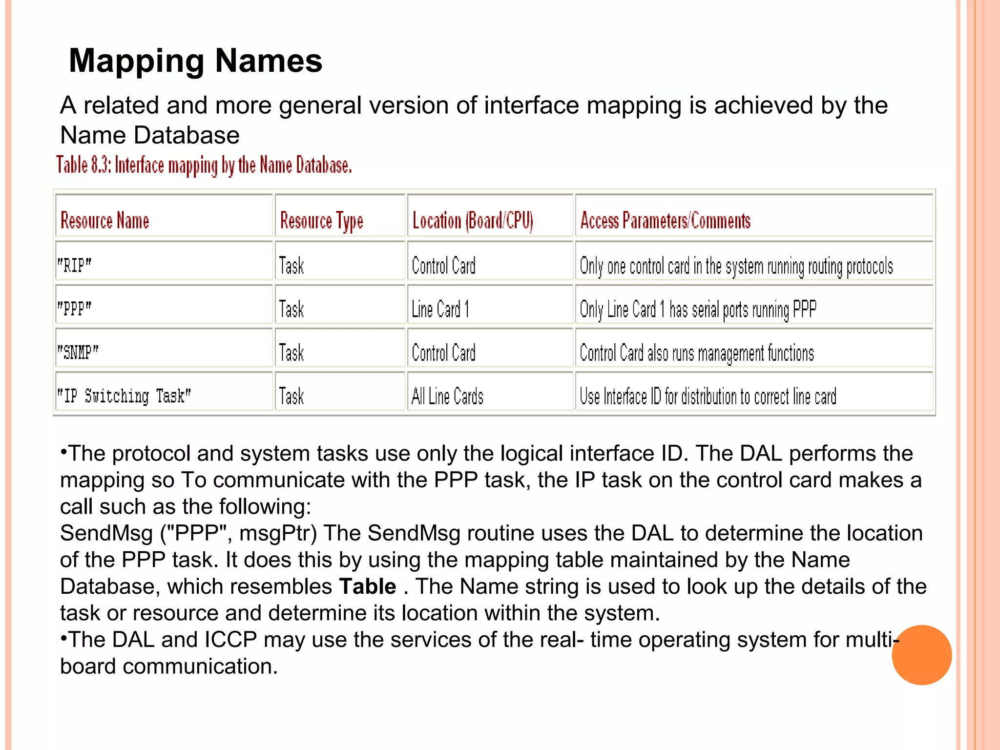 Mapping Names
A related and more general version of interface mapping is achieved by the
Name Database
•The protocol and system tasks use only the logical interface ID. The DAL performs the
mapping so To communicate with the PPP task, the IP task on the control card makes a
call such as the following:
SendMsg ("PPP", msgPtr) The SendMsg routine uses the DAL to determine the location
of the PPP task. It does this by using the mapping table maintained by the Name
Database, which resembles Table . The Name string is used to look up the details of the
task or resource and determine its location within the system.
•The DAL and ICCP may use the services of the real- time operating system for multi-
board communication.
 