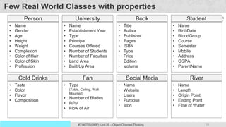 18
Prof. Swati R Sharma #3140705(OOP) Unit 05 – Object Oriented Thinking
OOP Java is the easiest, scoring and my favorite subject
Few Real World Classes with properties
• Name
• Gender
• Age
• Height
• Weight
• Complexion
• Color of Hair
• Color of Skin
• Profession
Person
• Taste
• Color
• Flavor
• Composition
Cold Drinks
• Type
(Table, Ceiling, Wall
Mounted)
• Number of Blades
• RPM
• Flow of Air
Fan
• Title
• Author
• Publisher
• Pages
• ISBN
• Type
• Price
• Edition
• Volume
Book
• Name
• Establishment Year
• Type
• Principal
• Courses Offered
• Number of Students
• Number of Faculties
• Land Area
• Built Up Area
University
• Name
• Website
• Users
• Purpose
• Icon
Social Media
• Name
• BirthDate
• BloodGroup
• Course
• Semester
• Mobile
• Address
• CGPA
• ParentName
Student
• Name
• Length
• Origin Point
• Ending Point
• Flow of Water
River
 