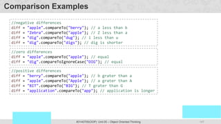 147
Prof. Swati R Sharma
OOP Java is the easiest, scoring and my favorite subject
#3140705(OOP) Unit 05 – Object Oriented Thinking
Comparison Examples
//negative differences
diff = "apple".compareTo("berry"); // a less than b
diff = "Zebra".compareTo("apple"); // Z less than a
diff = "dig".compareTo("dug"); // i less than u
diff = "dig".compareTo("digs"); // dig is shorter
//zero differences
diff = "apple".compareTo("apple"); // equal
diff = "dig".compareToIgnoreCase("DIG"); // equal
//positive differences
diff = "berry".compareTo("apple"); // b grater than a
diff = "apple".compareTo("Apple"); // a grater than A
diff = "BIT".compareTo("BIG"); // T grater than G
diff = "application".compareTo("app"); // application is longer
 