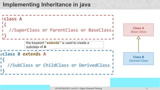 44
Prof. Swati R Sharma
OOP Java is the easiest, scoring and my favorite subject
#3140705(OOP) Unit 05 – Object Oriented Thinking
Implementing Inheritance in java
Class A
Base Class
Class B
Derived Class
class A
{
//SuperClass or ParentClass or BaseClass
}
class B extends A
{
//SubClass or ChildClass or DerivedClass
}
the keyword “extends” is used to create a
subclass of A
 