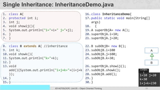 54
Prof. Swati R Sharma
OOP Java is the easiest, scoring and my favorite subject
#3140705(OOP) Unit 05 – Object Oriented Thinking
Single Inheritance: InheritanceDemo.java
1. class A{
2. protected int i;
3. int j;
4. void showij(){
5. System.out.println("i="+i+" j="+j);
6. }
7. }
8. class B extends A{ //inheritance
9. int k;
10.void showk(){
11.System.out.println("k="+k);
12.}
13.void
add(){System.out.println("i+j+k="+(i+j+k
));
14.}
15.}
16.class InheritanceDemo{
17.public static void main(String[]
args)
18. {
19.A superObjA= new A();
20.superObjA.i=10;
21.superObjA.j=20;
22.B subObjB= new B();
23.subObjB.i=100
24.subObjB.j=100;
25.subObjB.k=30;
26.superObjA.showij();
27.subObjB.showk();
28.subObjB.add();
29.}
30.}
i=10 j=20
k=30
i+j+k=230
Outpu
t
A
B
 